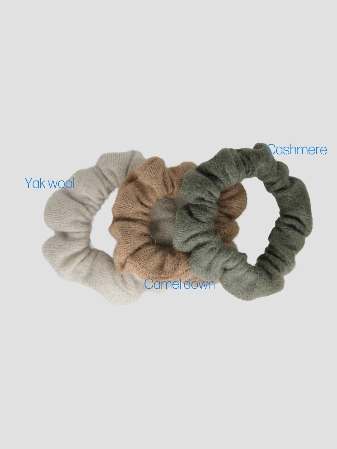 Handcrafted 3-piece hair tie set made of pure Mongolian cashmere, camel hair, and yak wool by Hand of Origin