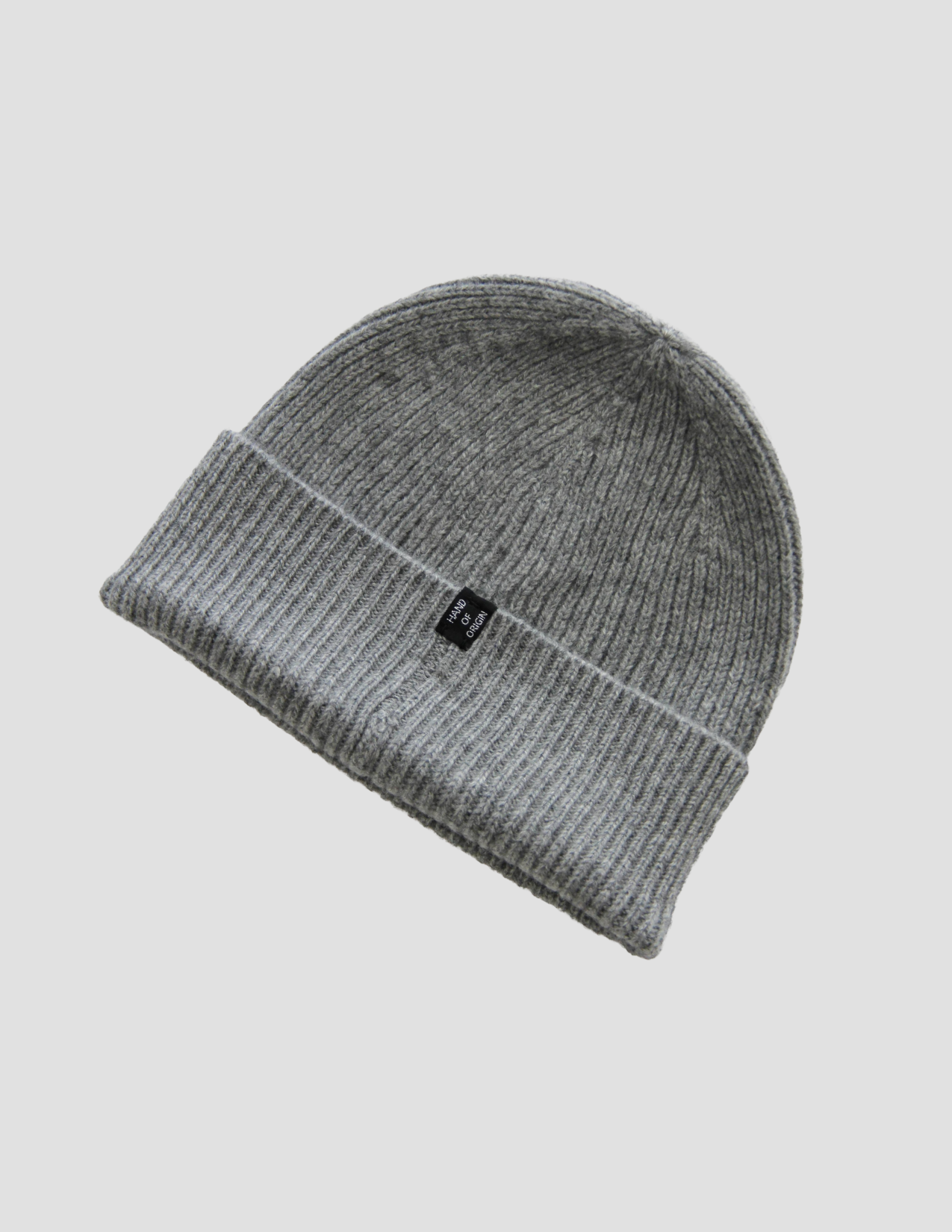 Grey 100% Mongolian cashmere beanie, heavy 4-ply rib knit, hand of origin berlin.