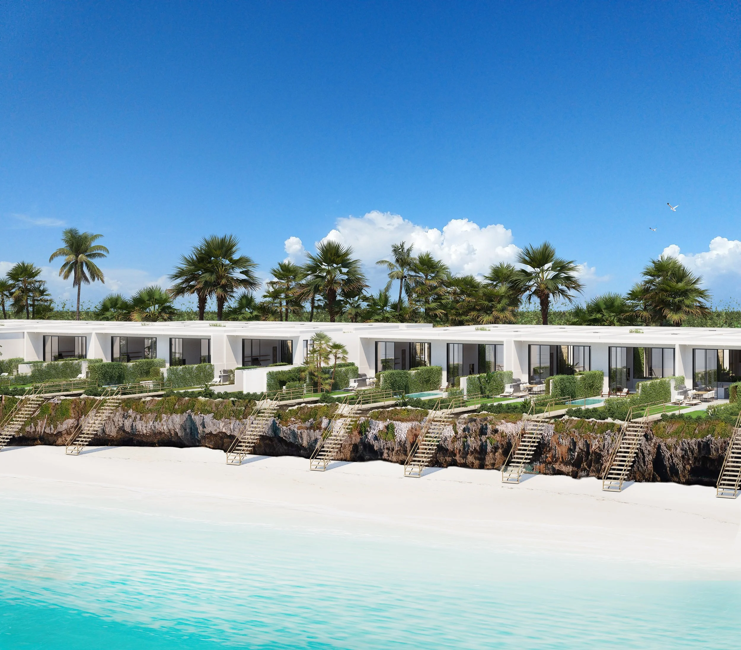 Luxury beachfront villas with private pools and stairs leading down to sandy beach under blue sky with palm trees and clouds.