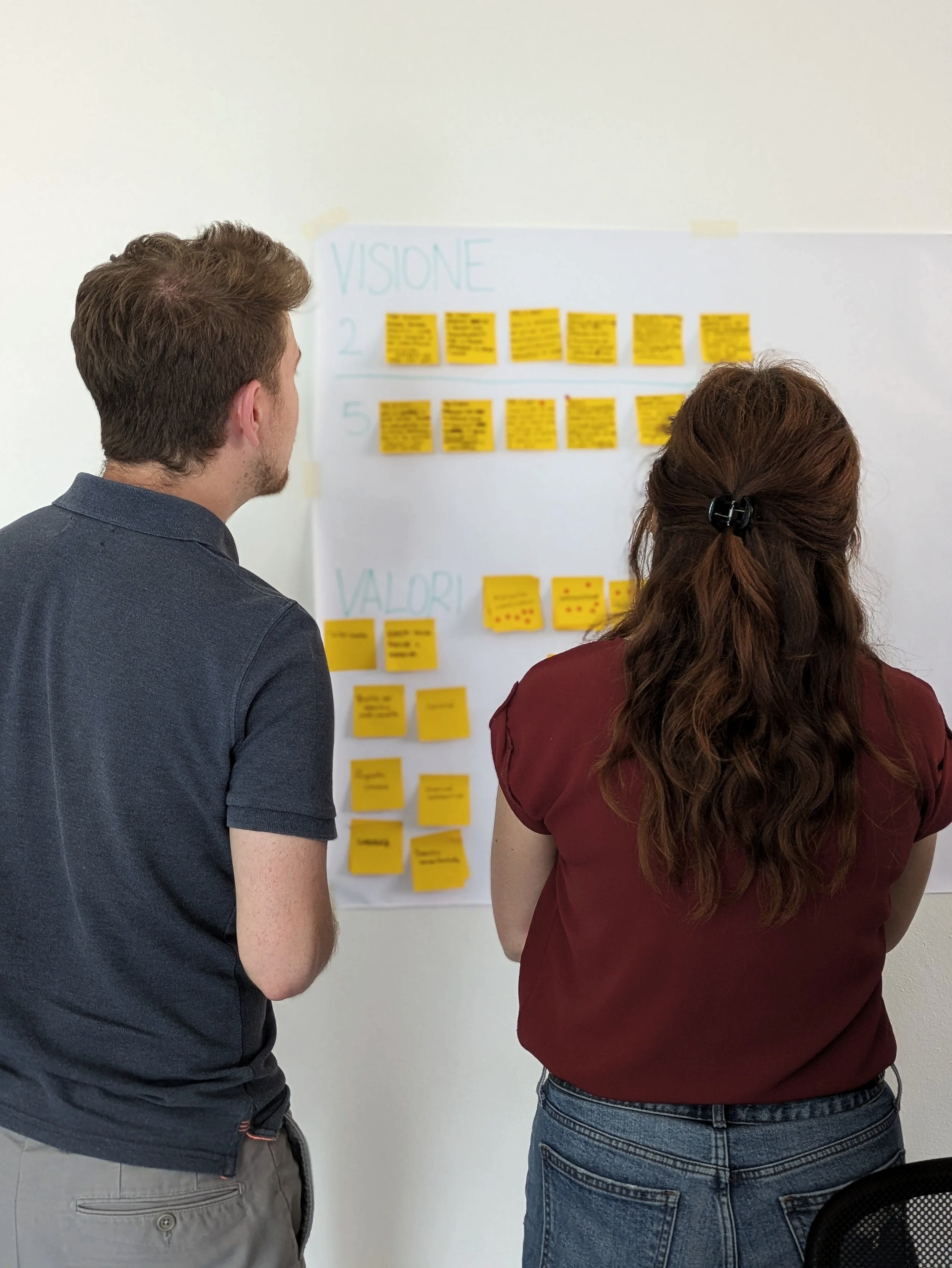 Due persone che si trovano di fronte a una parete con post-it gialli e un foglio con scritto 'VISIONE' e 'VALORI'.