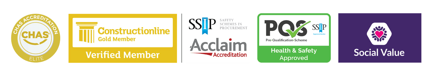 CHAS, Constructionline Gold, SSIP, Acclaim, PQS and Social Value accreditations