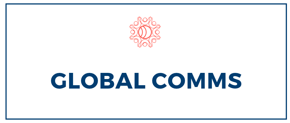 Global Comms text with a red decorative logo above it, on a white background with a blue border.