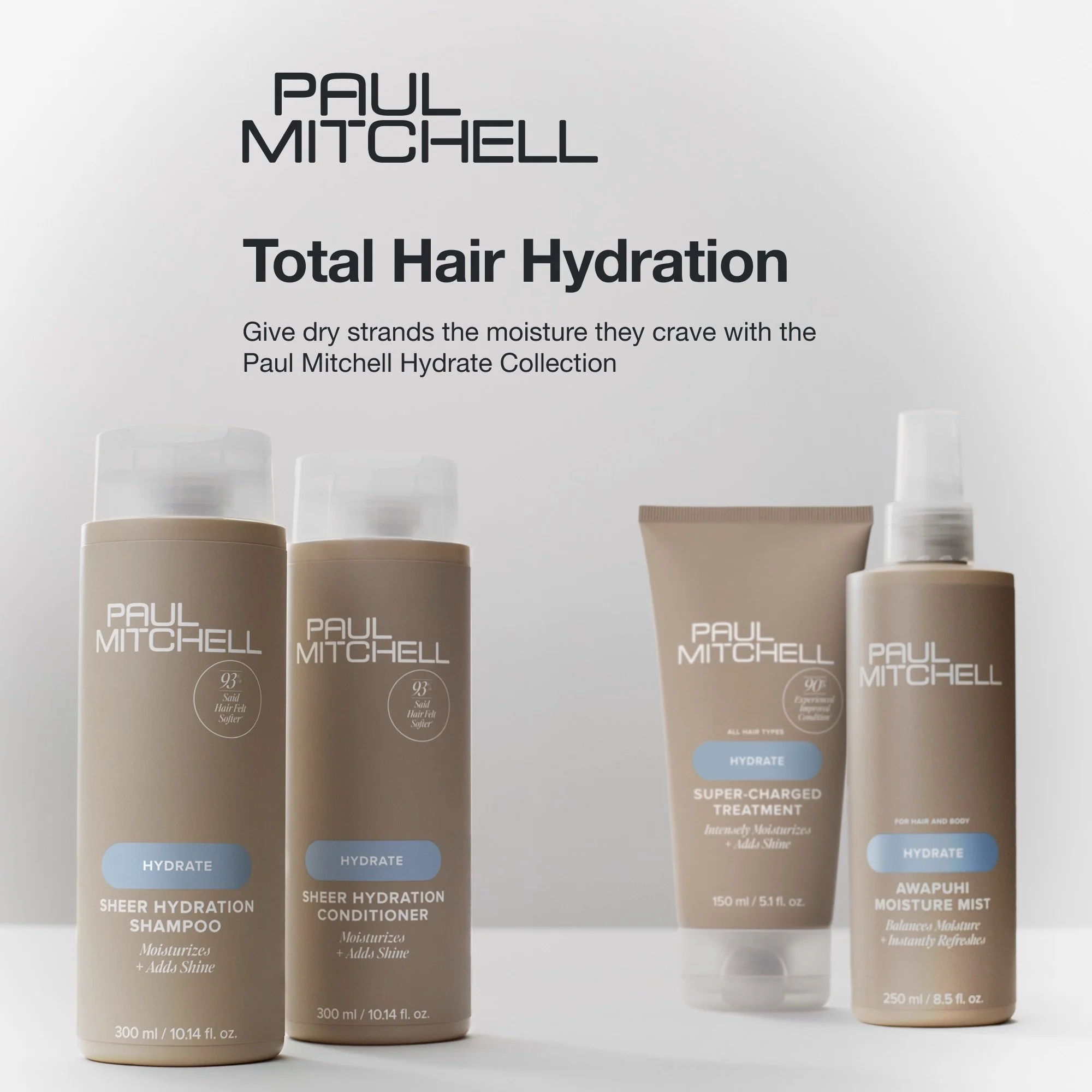 Four Paul Mitchell hair care products, including shampoo, conditioner, treatment, and moisture mist, arranged on a white surface with a light gray background.