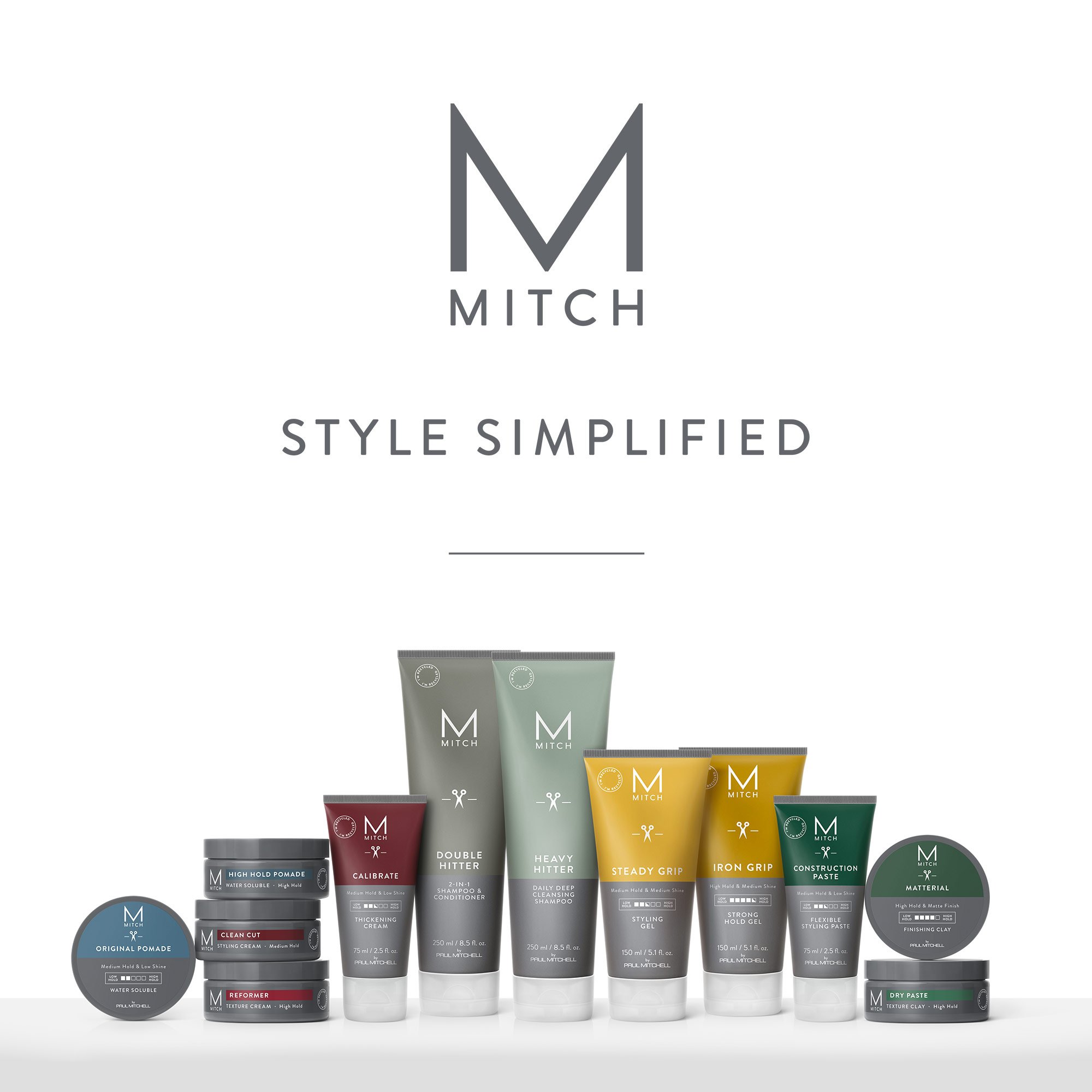 A collection of Mitch hair styling products with minimalist packaging includes pomades, creams, conditioners, styling gels, pastes, and clays arranged in a line against a white background.