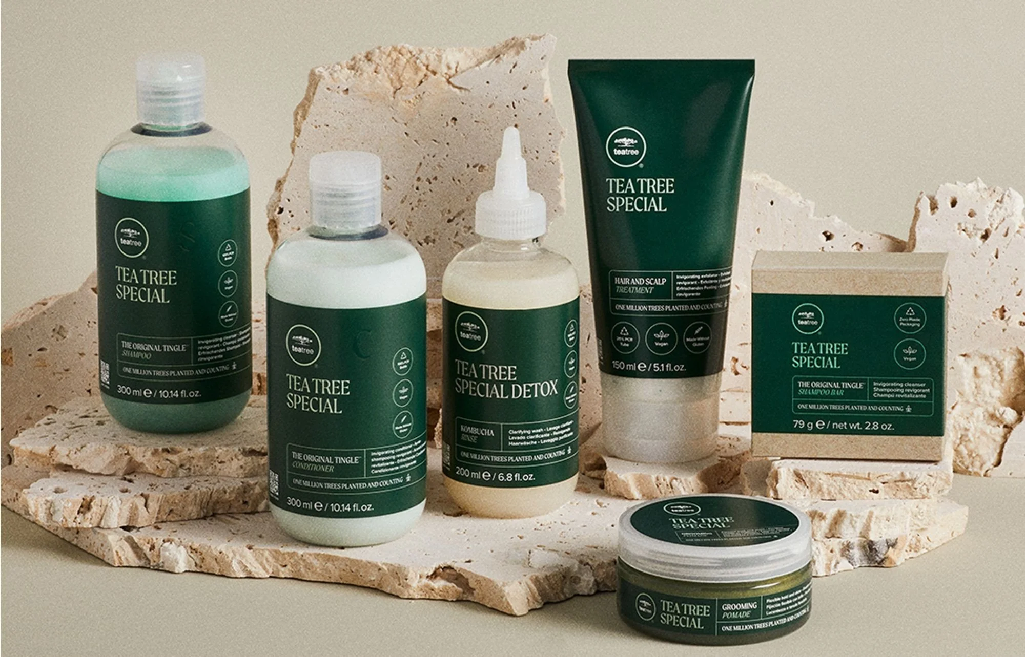 Collection of hair and scalp care products from the Tea Tree Special line, including shampoo, conditioner, detox, styling gel, and grooming pomade, displayed on a textured stone surface.