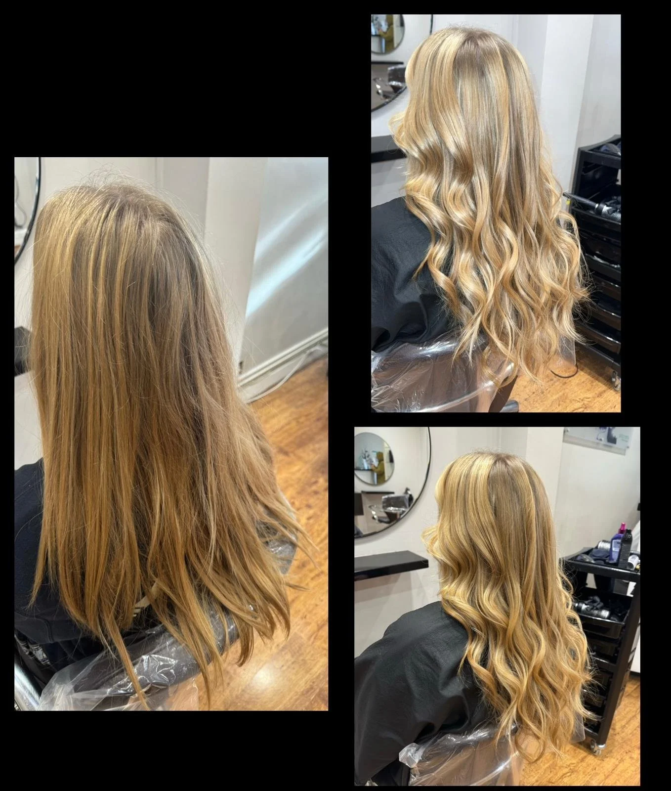 Before and after images of a woman at a hair salon, showing her hair color and style transformation. The 'before' picture shows her with light brown, unstyled hair, and the 'after' pictures show her with long, blonde, wavy, styled hair.