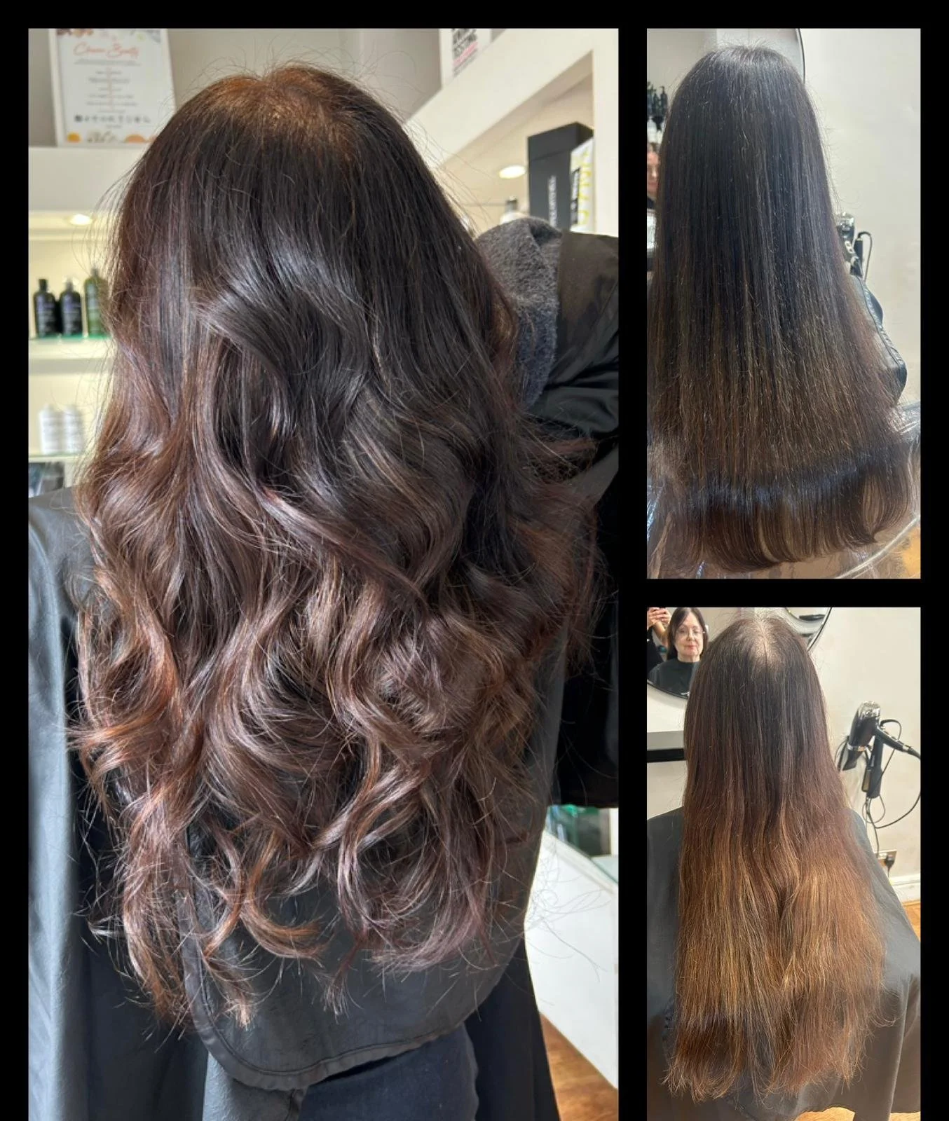 Before and after images of a woman's hair transformation showing darker, straighter hair initially, and longer, styled, lighter, and wavier hair after a salon treatment.