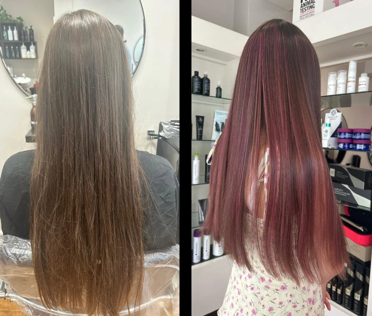 Side-by-side images of a woman’s hair before and after a salon treatment. The left shows long, brown, slightly frizzy hair. The right shows the same hair styled with a sleek, straight look and vibrant reddish-pink color.