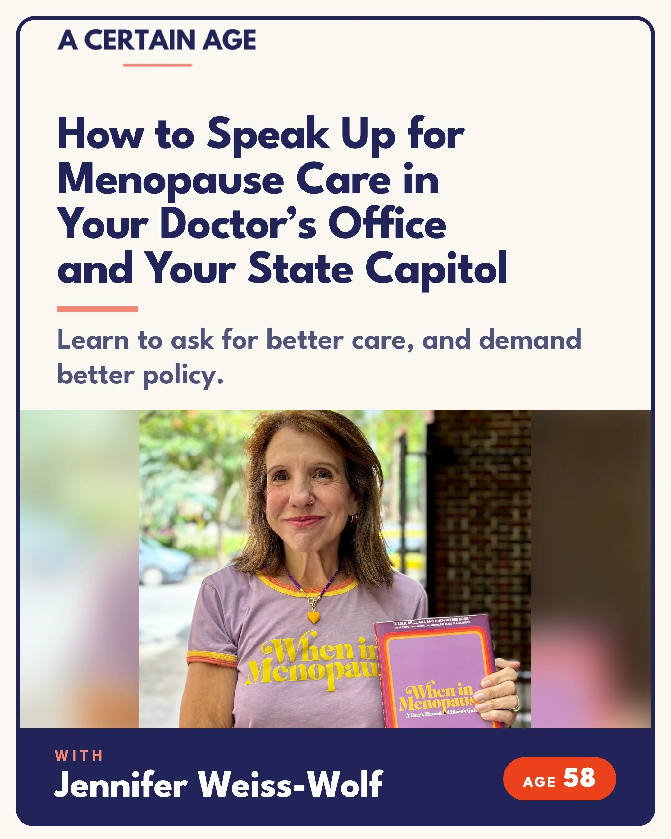 NEW EPISODE 🎙️

Menopause is finally making major headlines. 

But good care? Still a fight. 📣

This week on @acertainagepod, attorney and Ms. Magazine exec Jennifer Weiss-Wolf (author of &ldquo;When in Menopause&rdquo;) returns to the show to shar