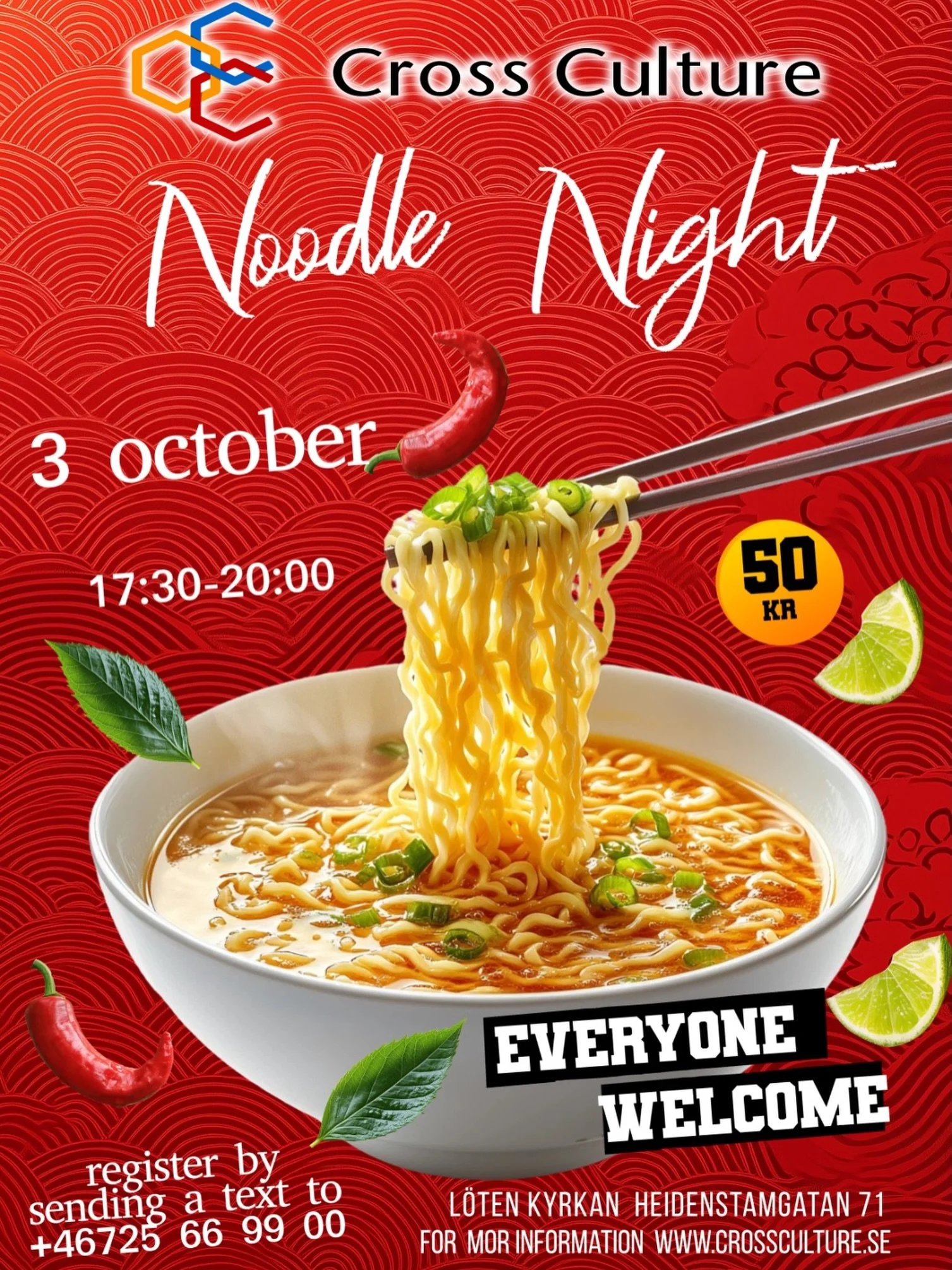 🍜 NOODLE NIGHT IS BACK! 🥢🔥

Come join us for a cosy evening of delicious noodles, good company and cross-cultural fun! 🌏❤️

📅 3 October
⏰ 17:30&ndash;20:00
📍 L&ouml;ten Kyrkan, Heidenstamsgatan 71
💰 50 kr
📱 Register by texting +46725 66 99 00