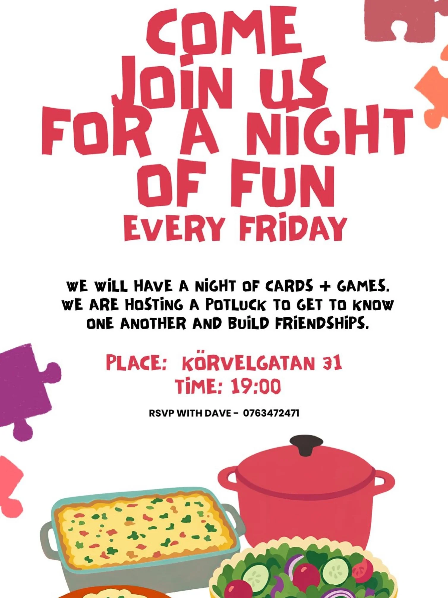 🎲Friday Fun Night is calling!

Looking for fun games, food and great company? Come join us for a potluck evening filled with cards, games, laughter and a chance to get to know one another better! ❤️

Bring a dish to share, bring your game face, and 
