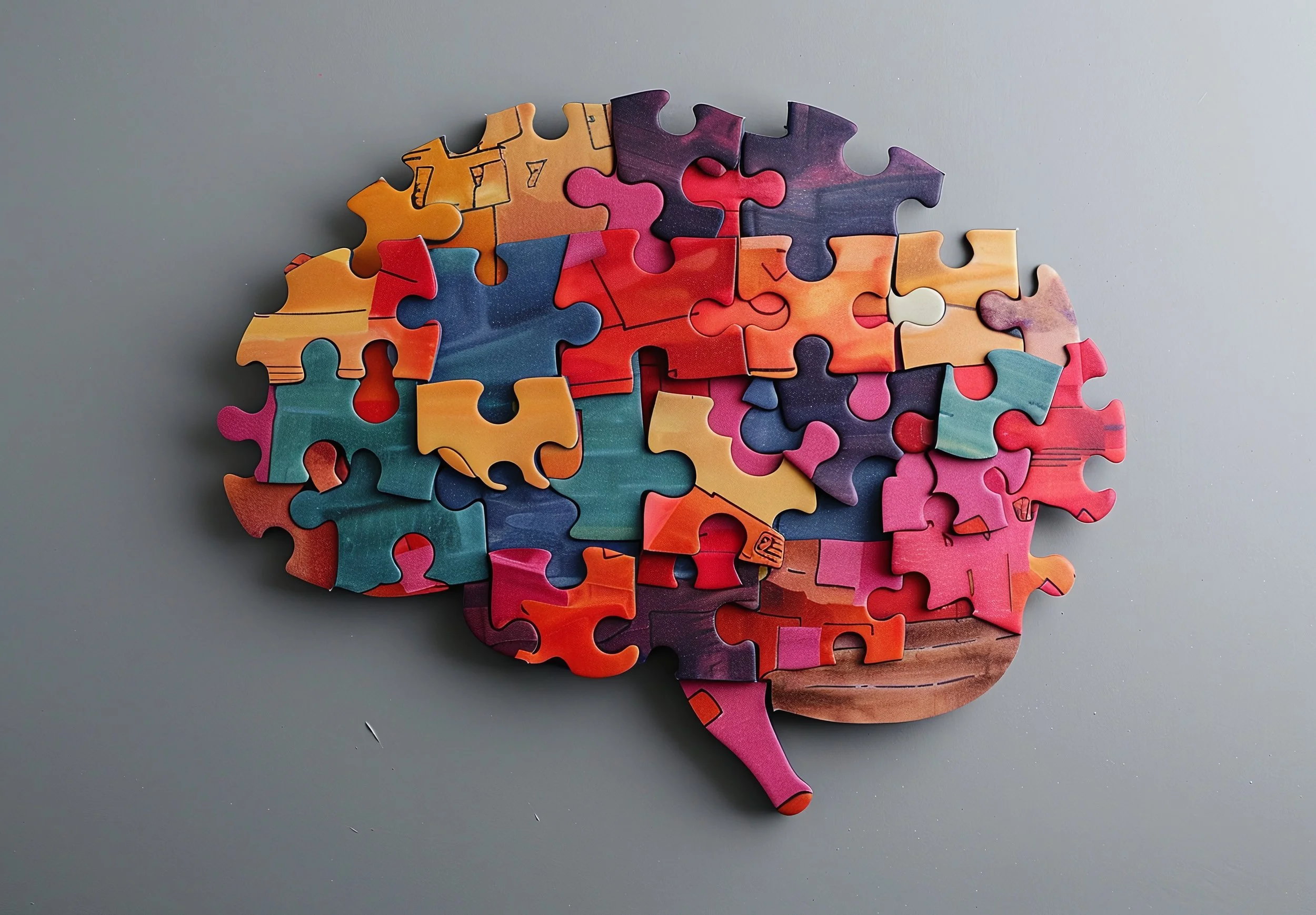 A picture of a brain made up of multicoloured puzzle pieces against a grey background