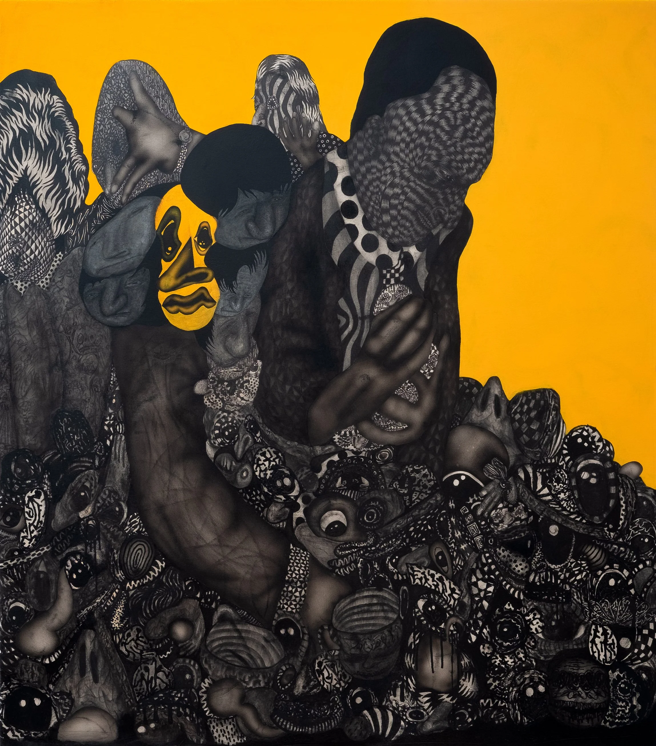 The Remains of Us, 2025. Acrylic, ink, charcoal and oil stick on canvas. 140 x 160 cm.
