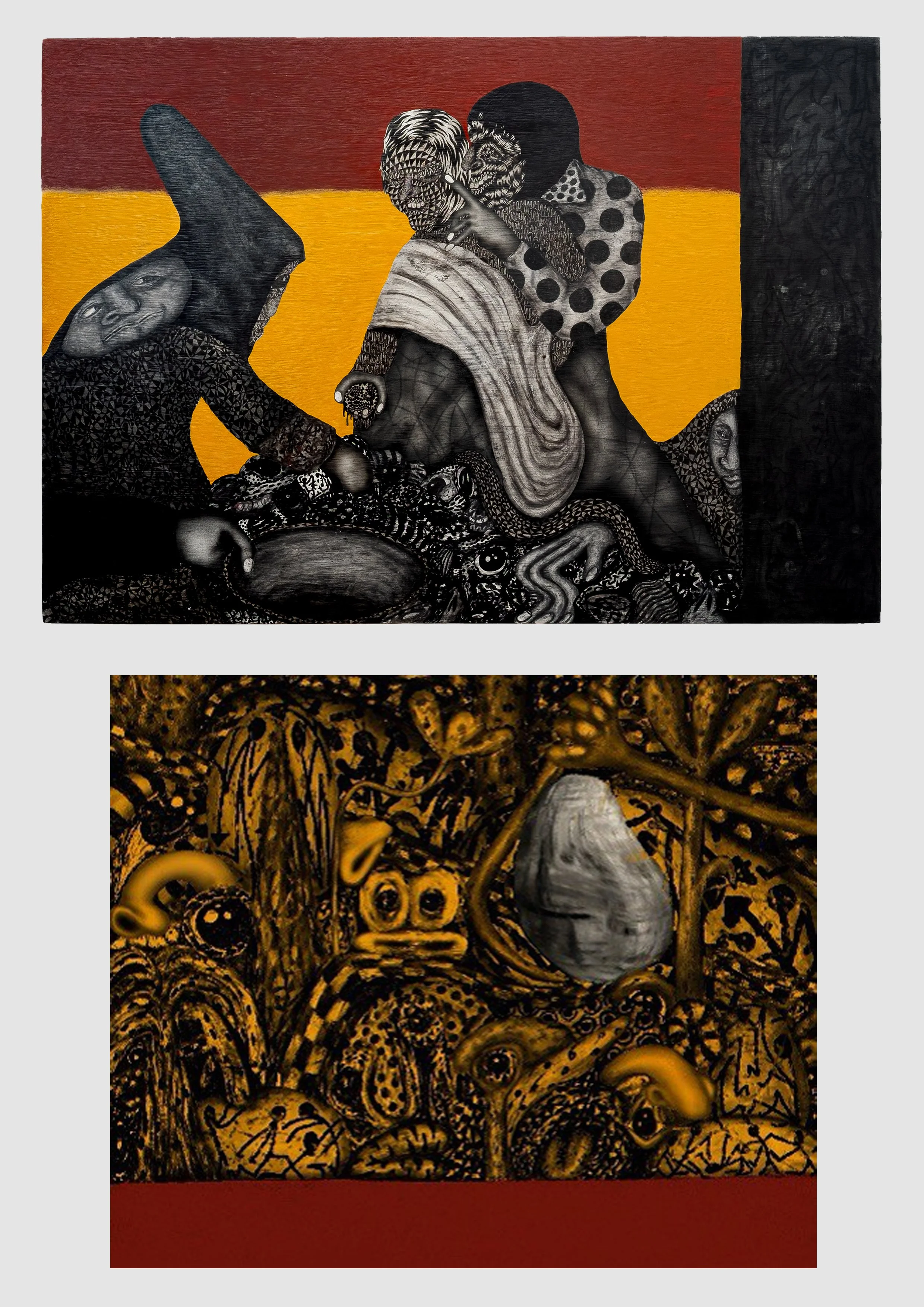 Remains I, 2025. Dual work (physical + digital components). Physical: Mixed media and embedded code on wood panel, 100 × 70 cm.
Digital: Ordinal inscription with inbuilt decay mechanism, 500 × 420 px.