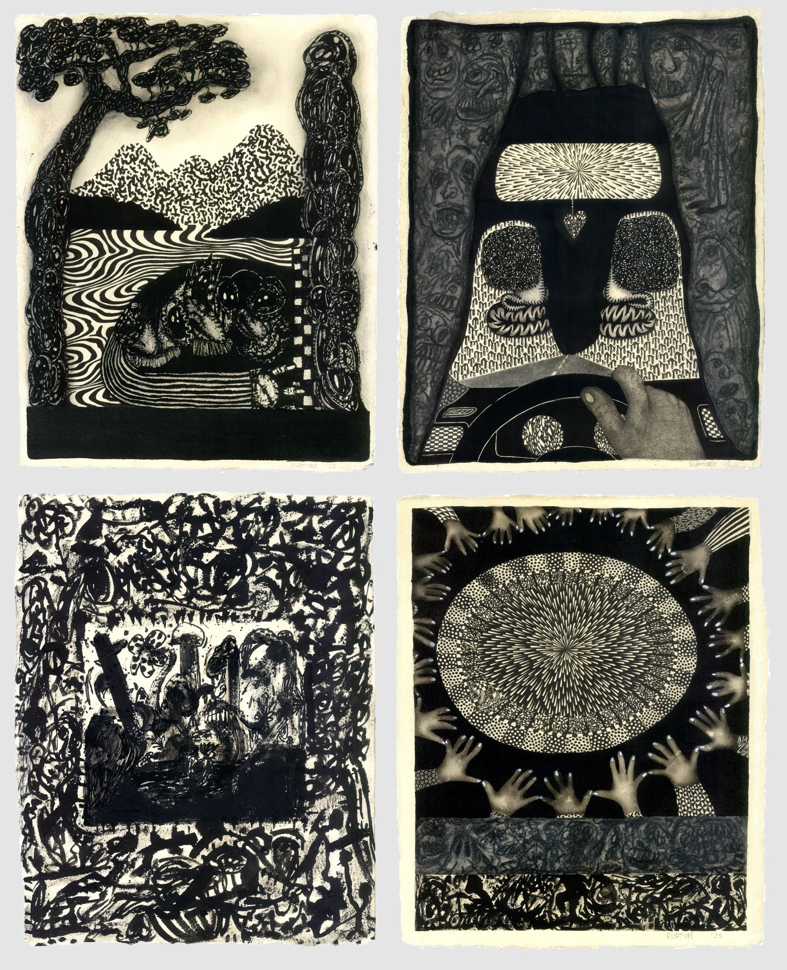 The Descent I - IV, 2025. Ink, charcoal and acrylic on 100% cotton paper. 31 x 39 cm.