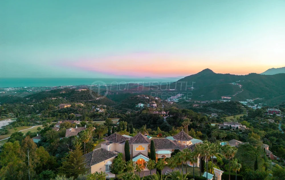 Aerial view over the hills of Benahavís towards Marbella and Gibraltar