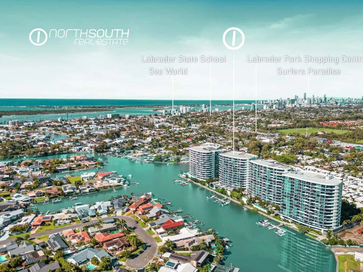 Aerial view of Waterpoint Residences in BIggera Waters overlooking Gold Coast skyline and ocean