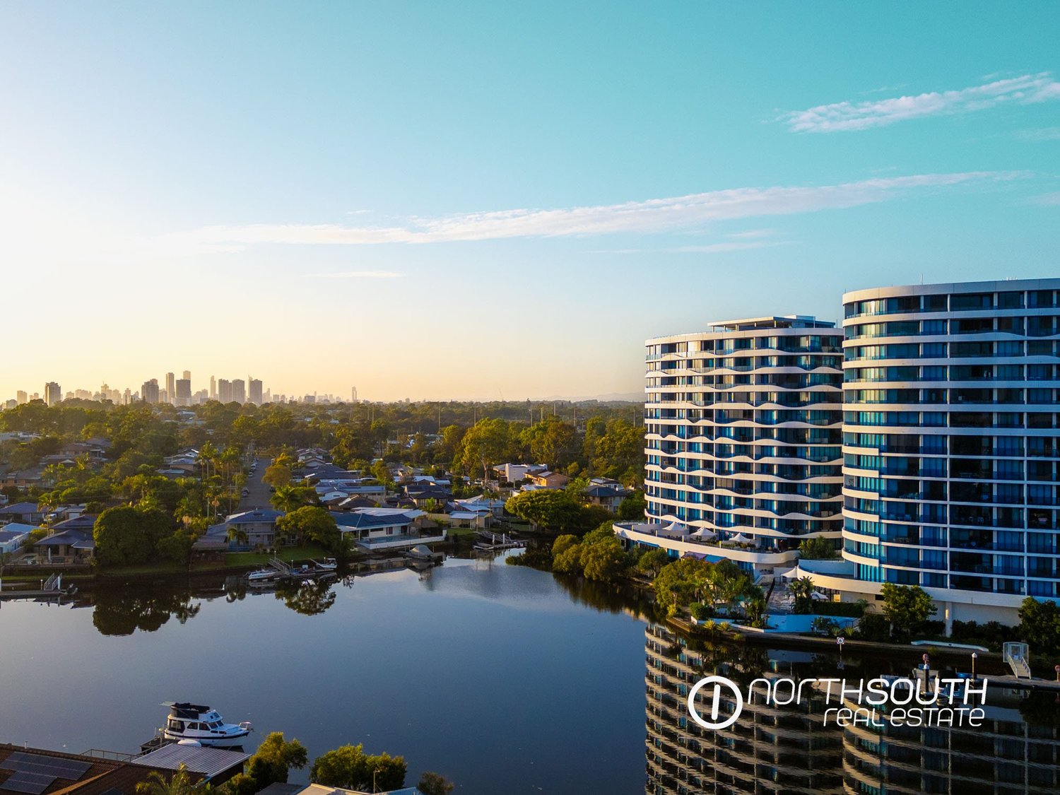 Aerial view of the Waterpoint Residences towers at Biggera Waters on the Gold Coast Broadwater