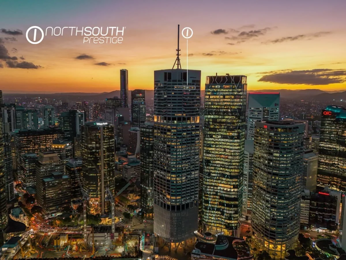 Drone skyline views on sunset – Brisbane properties for sale Riparian Plaza apartment 5002 
