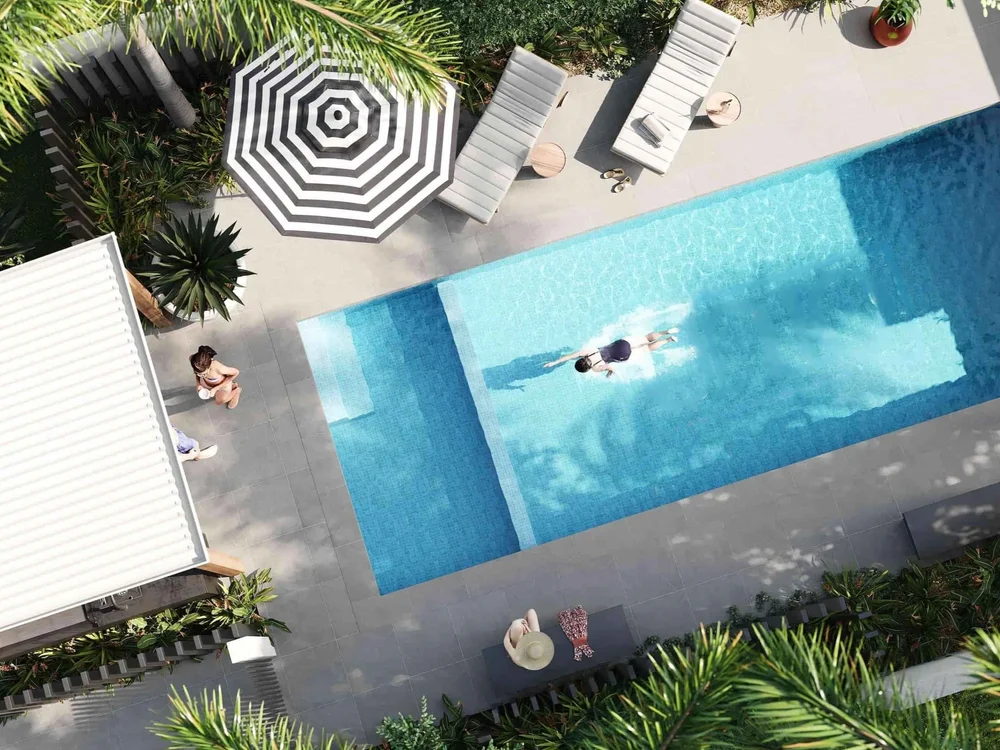 Aerial view of pool area in modern luxury Gold Coast terrace residences