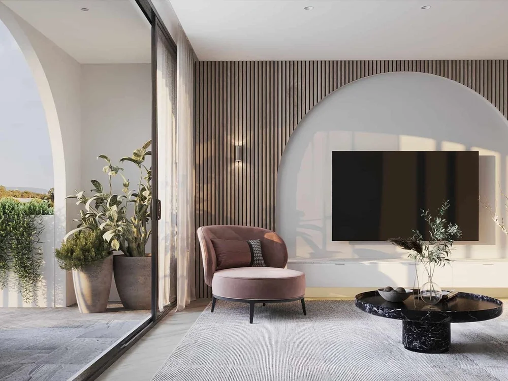 Lounge and verandah with open-plan flow in properties for sale at very modern luxury Gold Coast residences