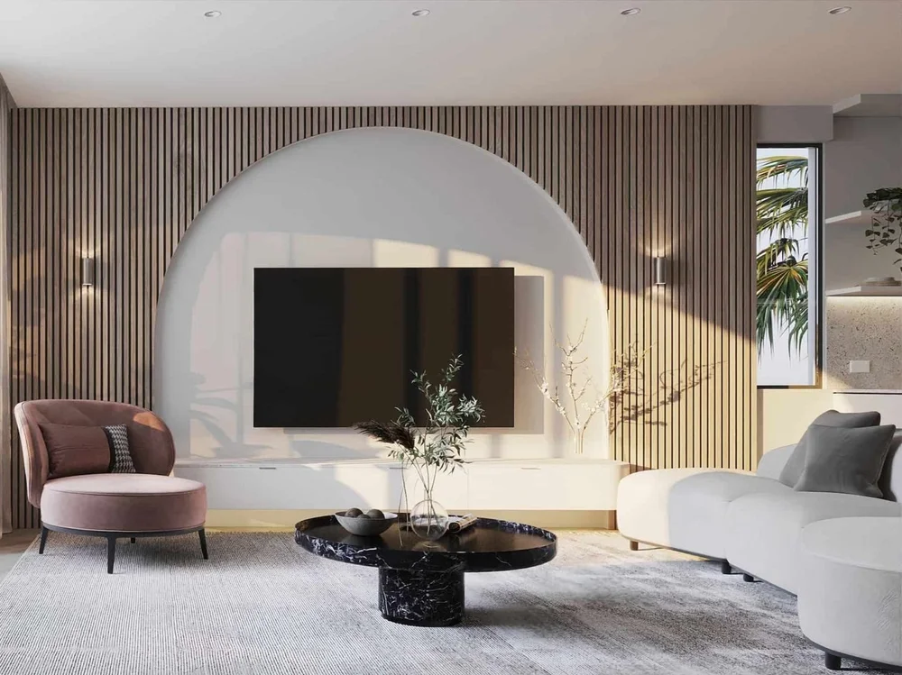 Open-plan lounge connecting to verandah in properties for sale within very modern luxury Gold Coast residences