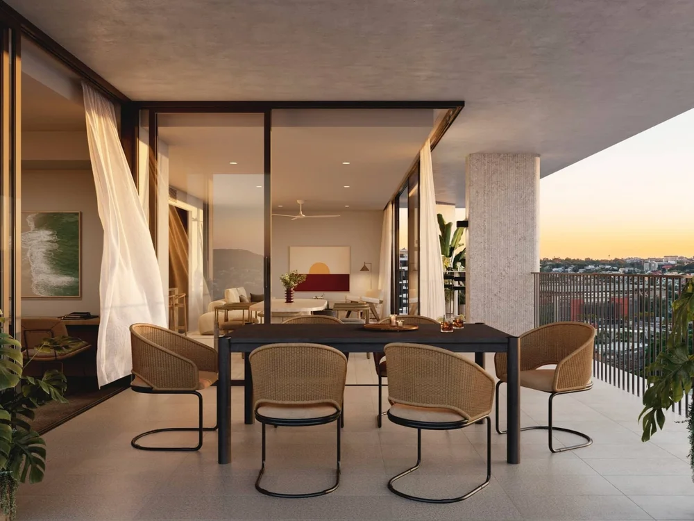 Balcony with city views in luxury Brisbane apartment available as properties for sale