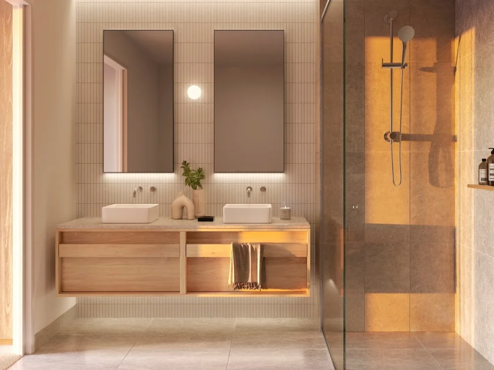 Modern ensuite bathroom in luxury Brisbane apartment included in properties for sale