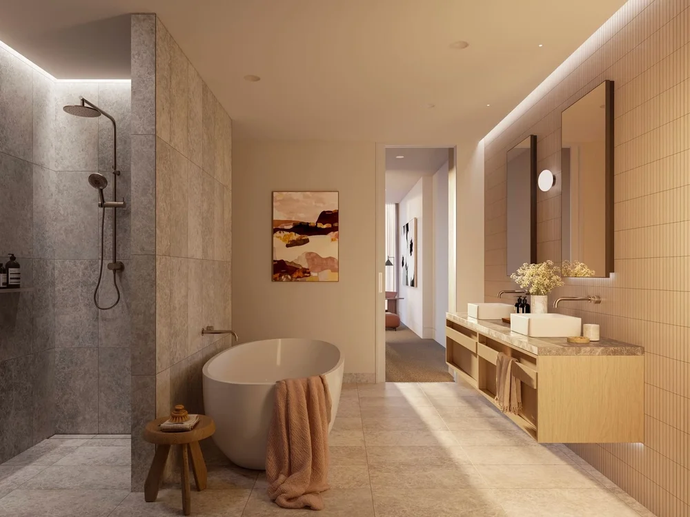 Stylish bathroom in luxury Brisbane apartment featured in properties for sale