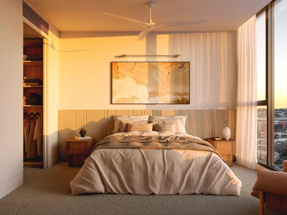 Master bedroom in luxury Brisbane apartment listed among properties for sale