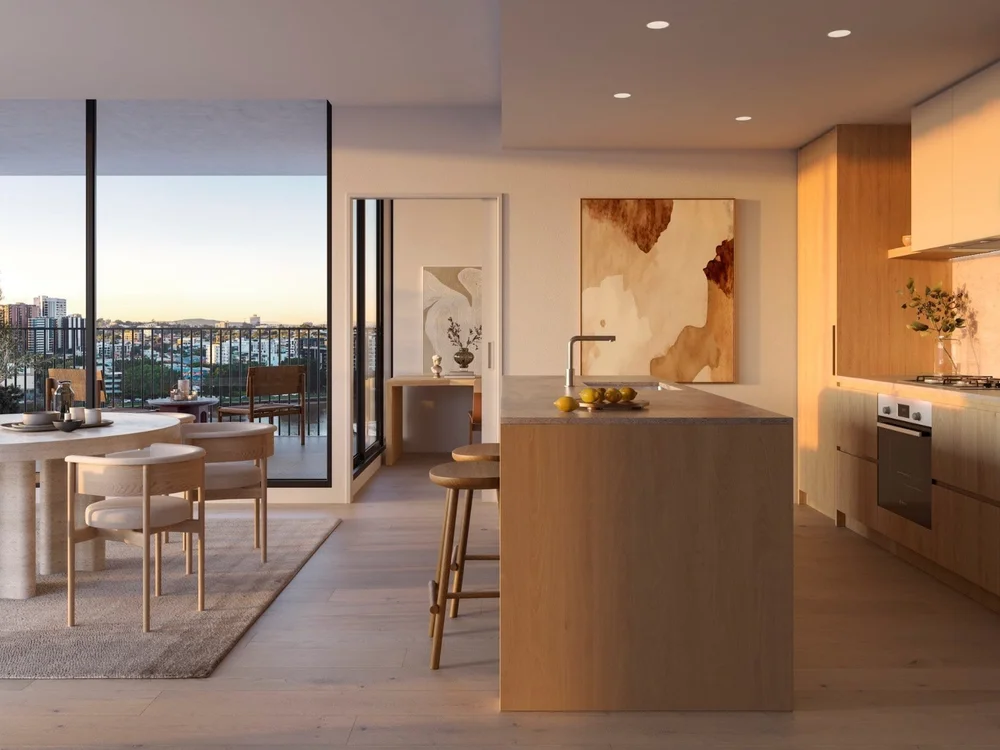 Dining and kitchen space in luxury Brisbane apartment listed in properties for sale