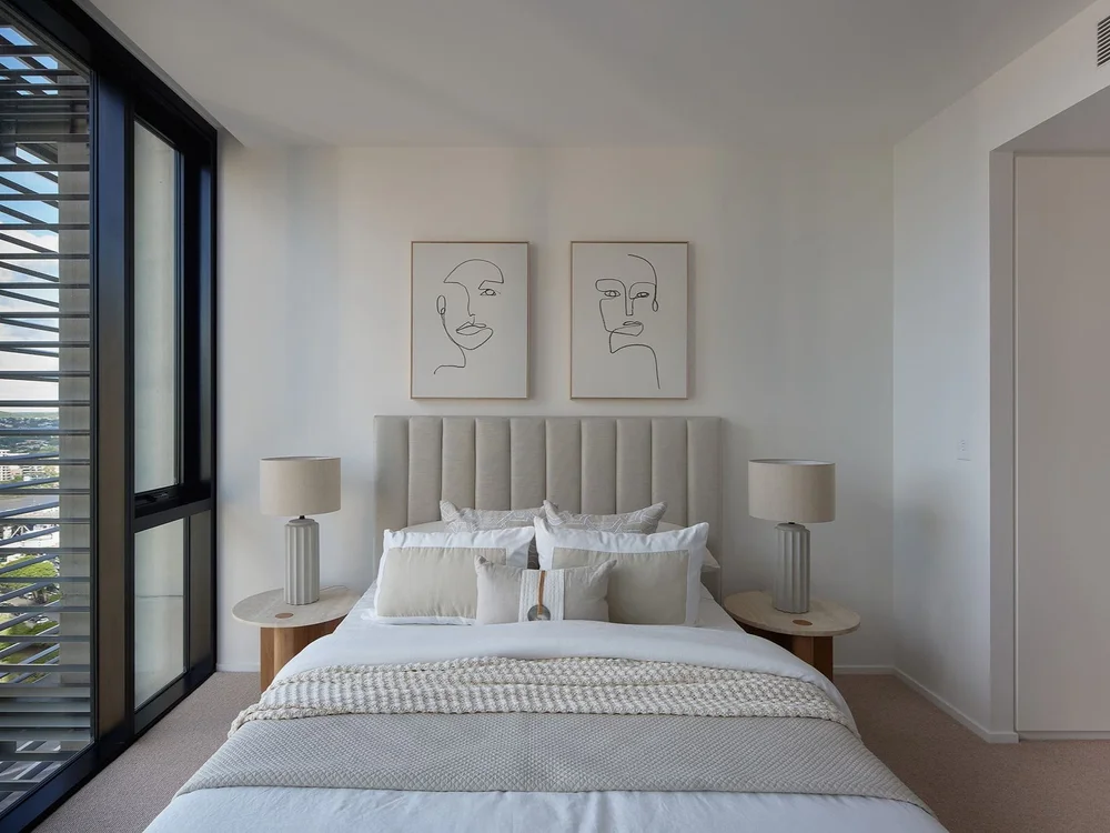 Bedroom with scenic views in luxury Brisbane apartment at 443 Queen St listed in properties for sale