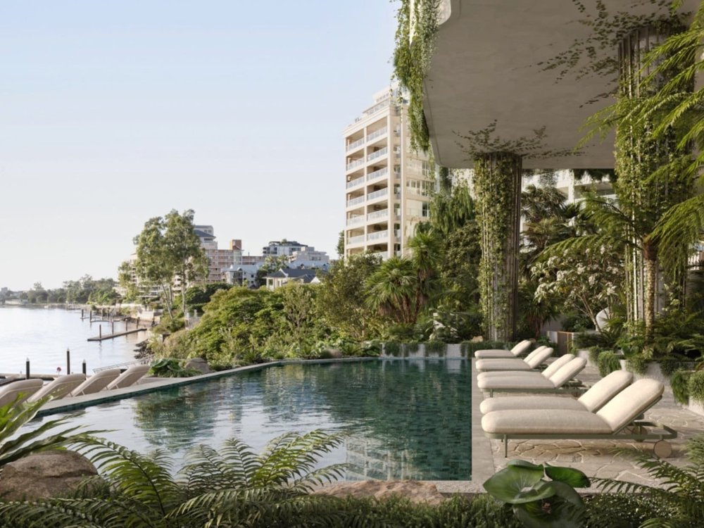 Breathtaking view from pool in Kangaroo Point Brisbane luxury waterfront apartment featured in properties for sale