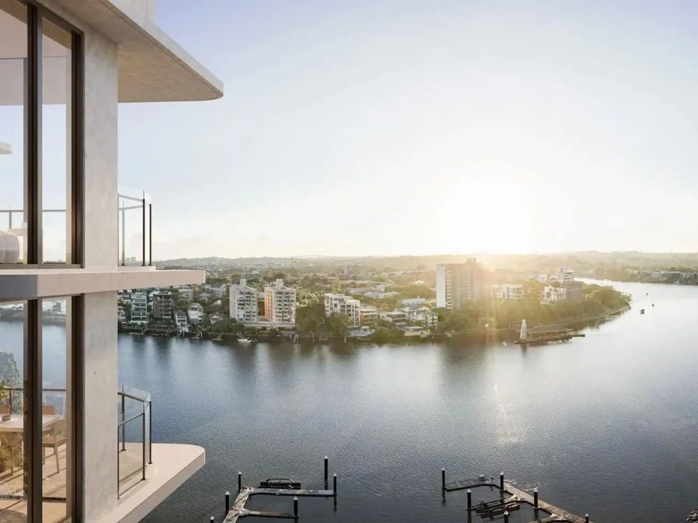Views of the Brisbane city skyline from a Kangaroo Point luxury waterfront apartment