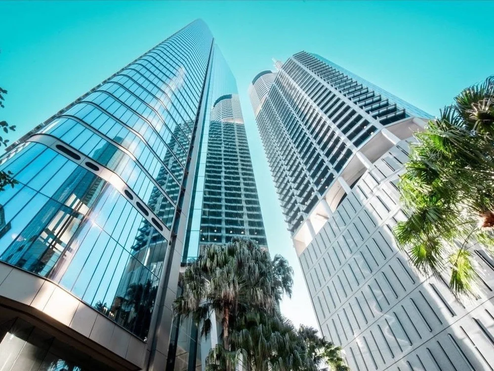 Tower view of Riparian Plaza by Architect Harry Seidler, luxury Brisbane apartment building listed in properties for sale