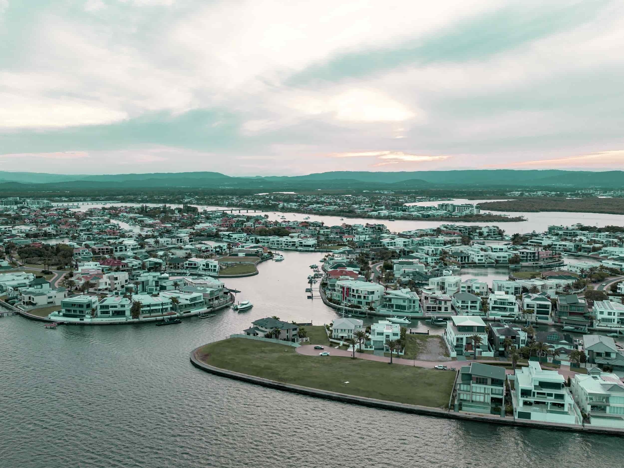 Aerial view of Sovereign Islands waterfront homes on the Gold Coast