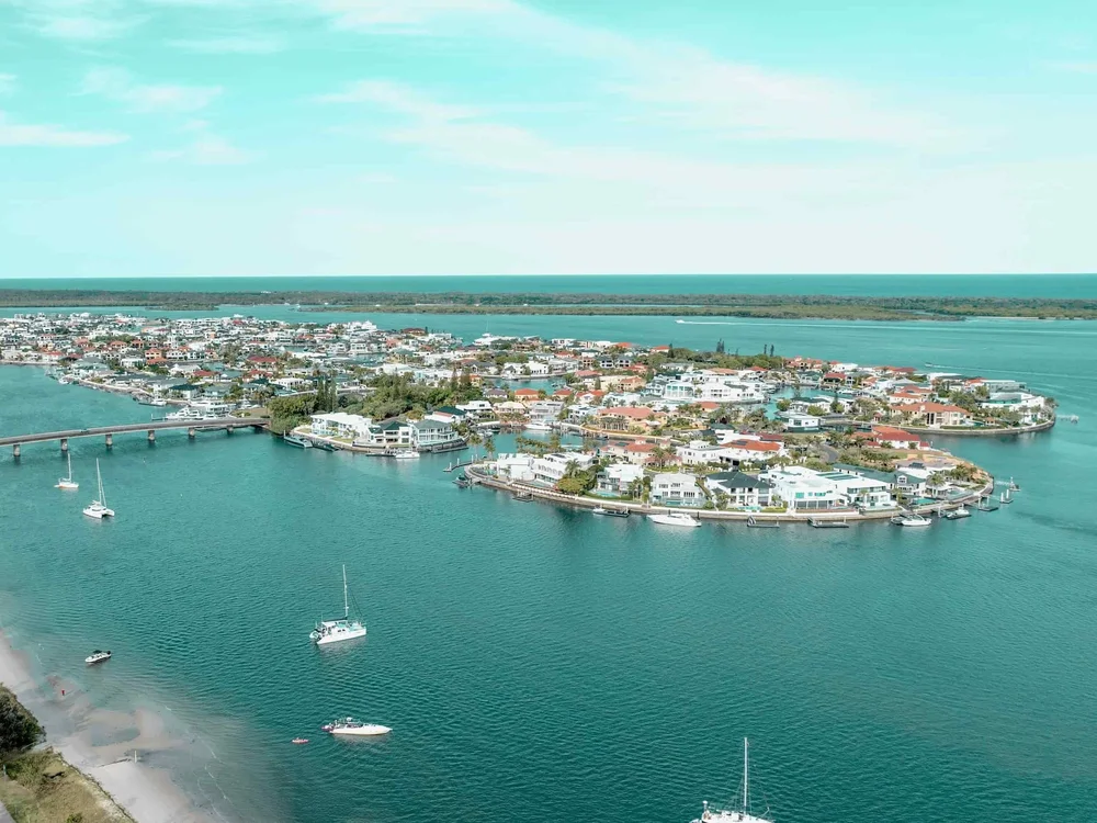 Aerial drone view showcasing Sovereign Islands Gold Coast properties for sale