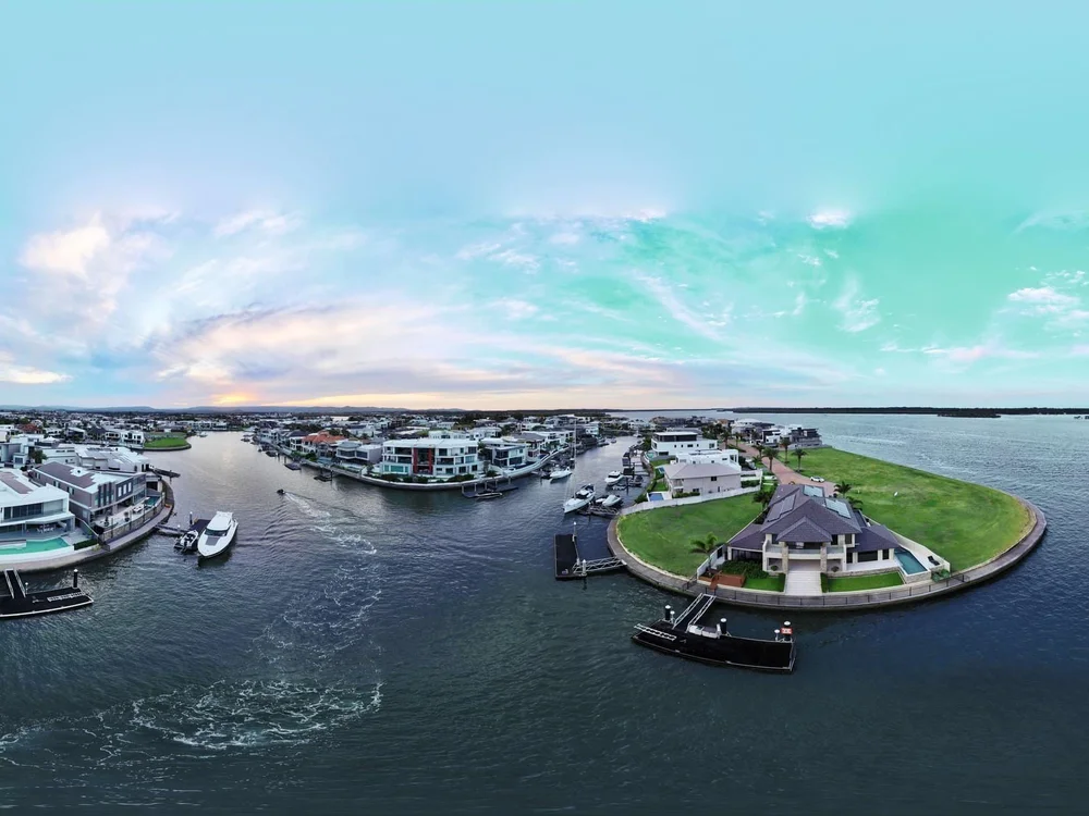 Panoramic luxury drone shot of Sovereign Islands Gold Coast showcasing properties for sale