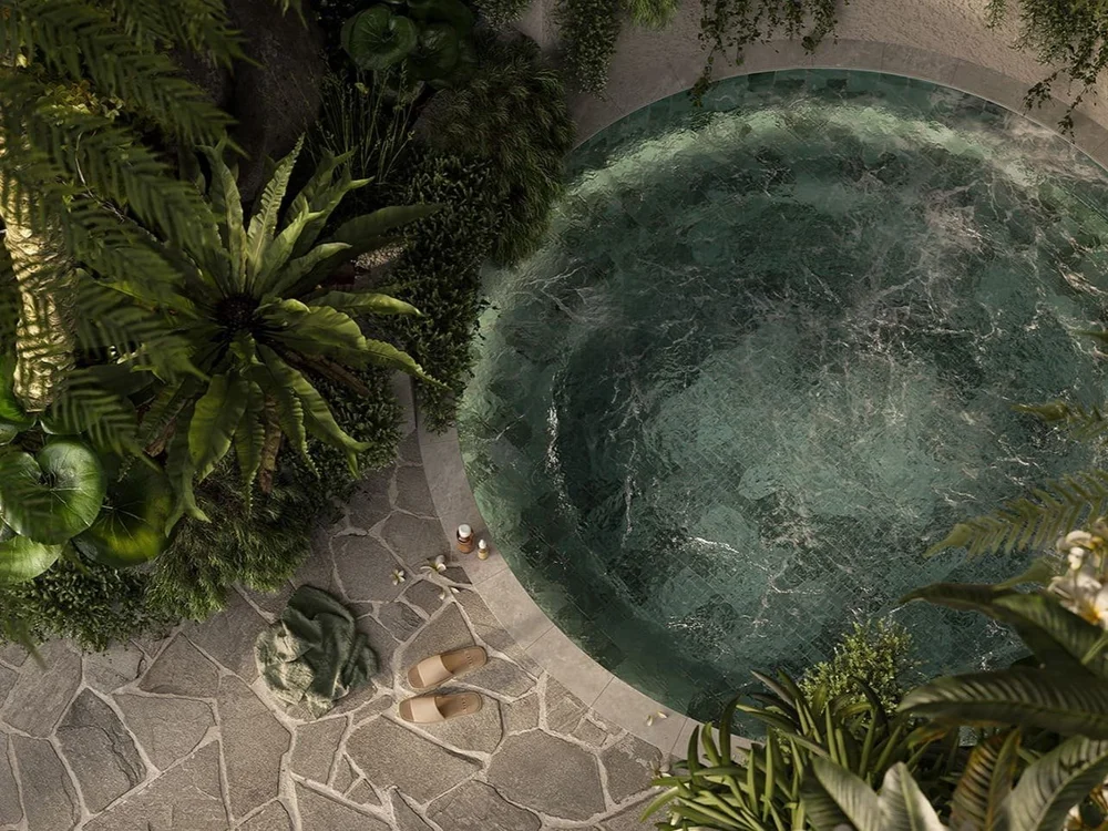 Aerial view of nature-inspired pool at Gaia luxury waterfront apartment in Kangaroo Point Brisbane listed in properties for sale