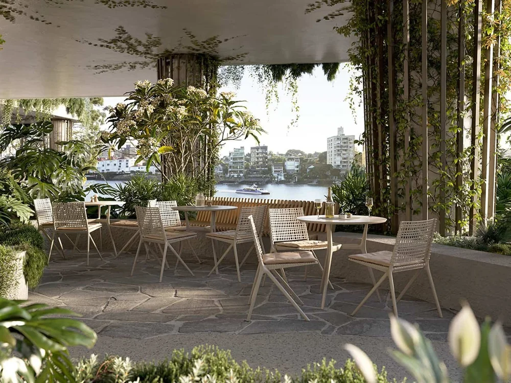 Architectural design dining area with Brisbane city views at Gaia luxury waterfront apartment in Kangaroo Point featured in properties for sale