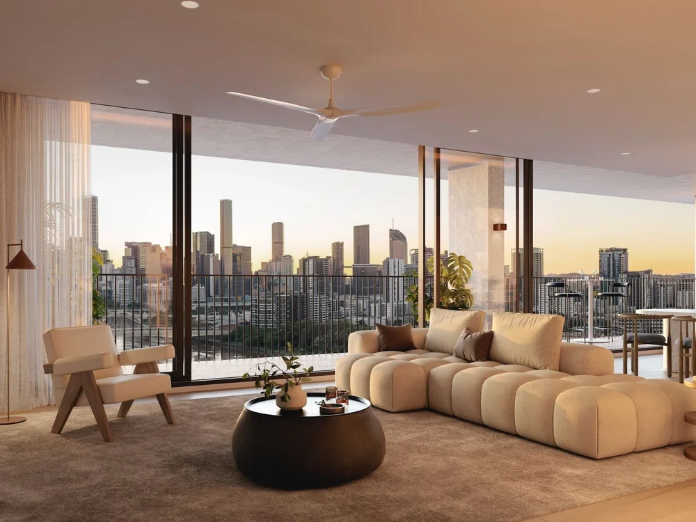 Lounge area in luxury Brisbane riverside apartment, Milton