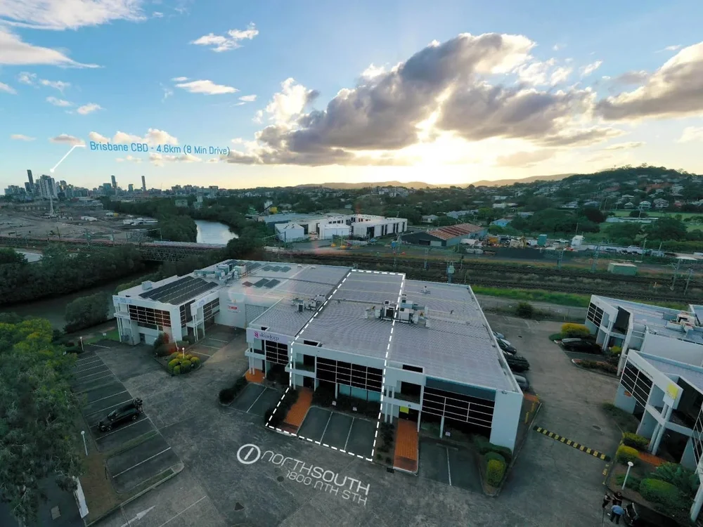 Image of brisbane commercial property for sale aerial view showing the office area marked with a line at 7/10 Hudson Road, Albion.