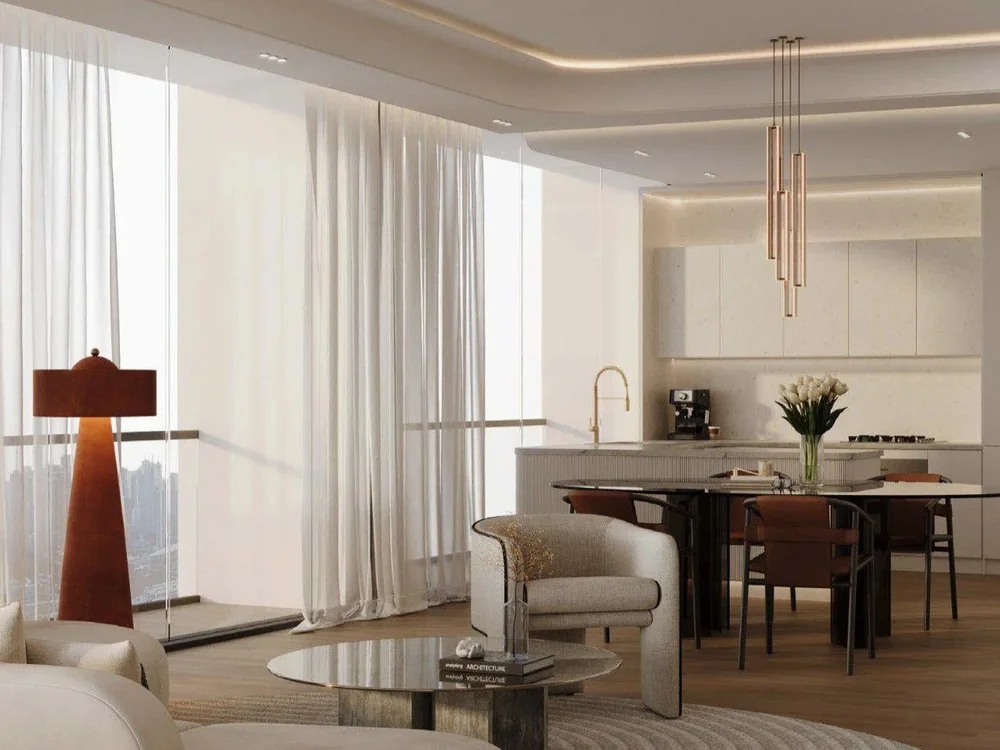 properties for sale dubai binghatti skyrise luxury apartments modern lounge and dining with designer chandelier