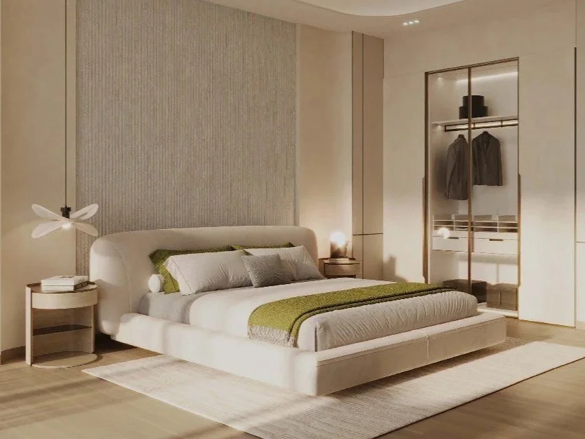 properties for sale dubai binghatti skyrise luxury apartments stylish bedroom with integrated storage and large tv wall