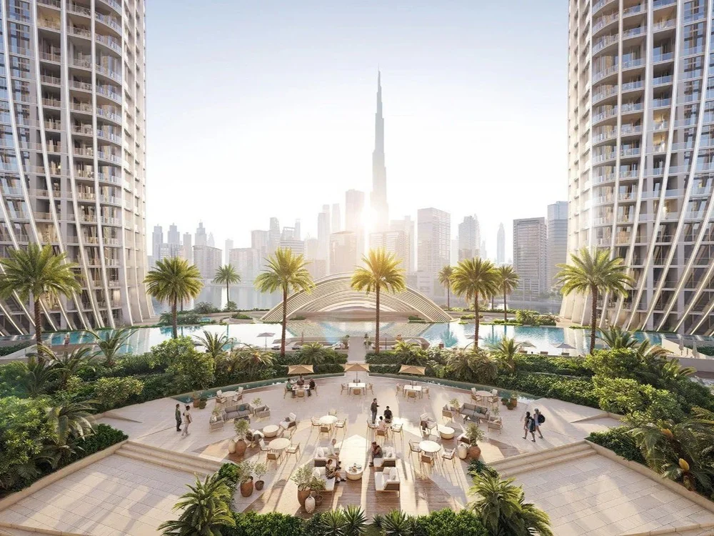Binghatti Skyrise luxury apartments in Dubai with resort style swimming pools and landscaped leisure decks
