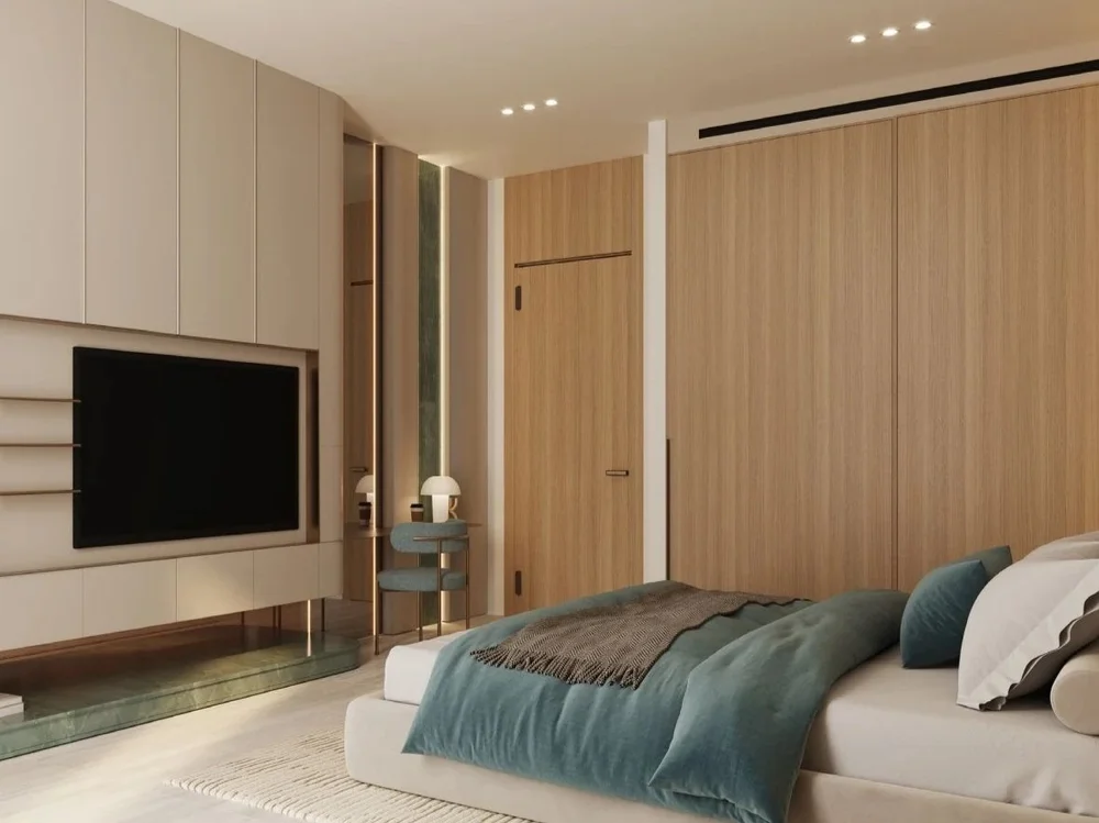 Elegant bedroom design in Binghatti Aquarise luxury apartment, stylish properties for sale Dubai.