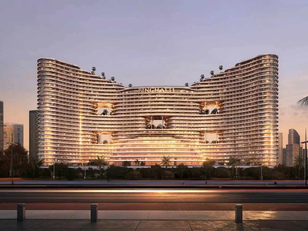 Iconic curved façade of Binghatti Aquarise, premium luxury properties for sale Dubai apartments for sale.