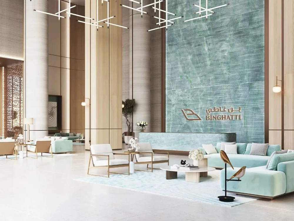 Modern and elegant Binghatti Aquarise lobby interior, representing high-end properties for sale Dubai luxury apartments.