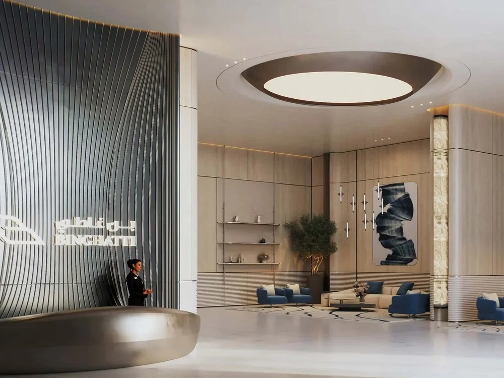 Modern lobby interior at Skyhall Binghatti, luxury properties for sale Dubai