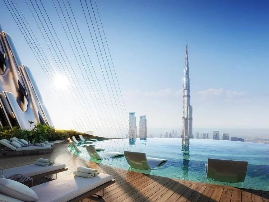 Binghatti Skyblade rooftop infinity pool above Downtown Dubai with panoramic skyline views